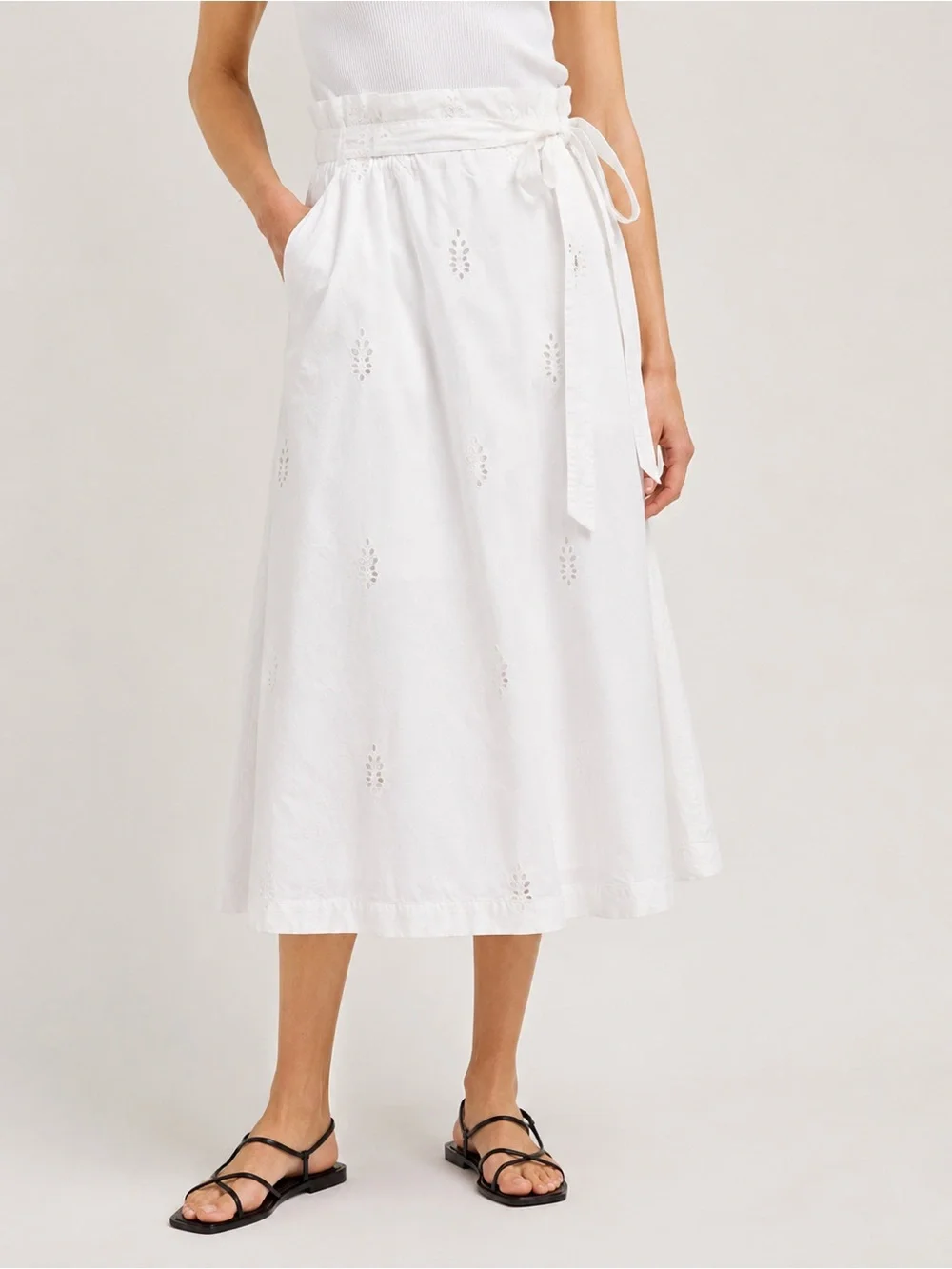Vince White Eyelet Midi Skirt with Tie Waist